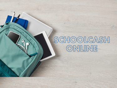 backpack with supplies and schoolcash text